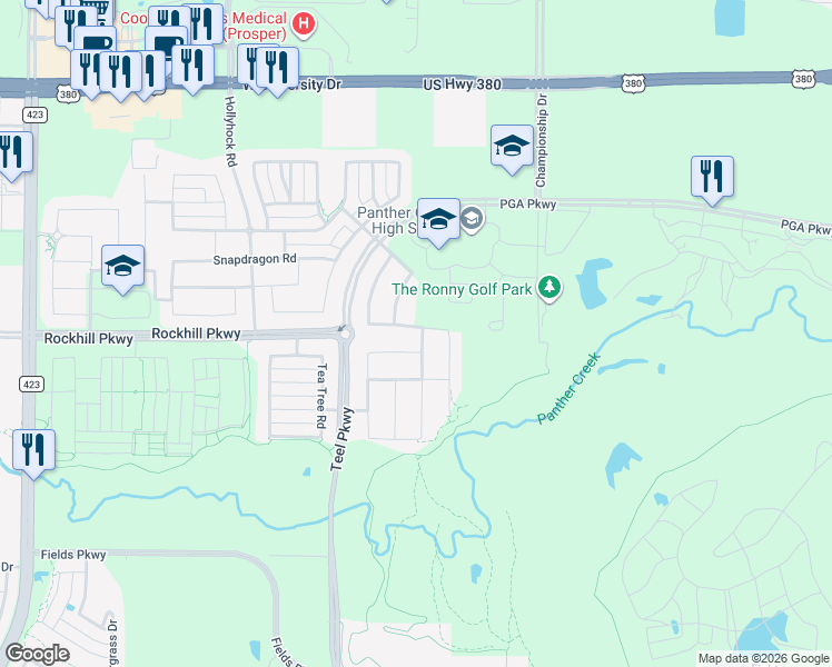 map of restaurants, bars, coffee shops, grocery stores, and more near 2659 Wiregrass Road in Frisco