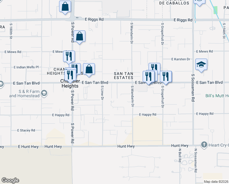 map of restaurants, bars, coffee shops, grocery stores, and more near 18607 East San Tan Boulevard in Queen Creek