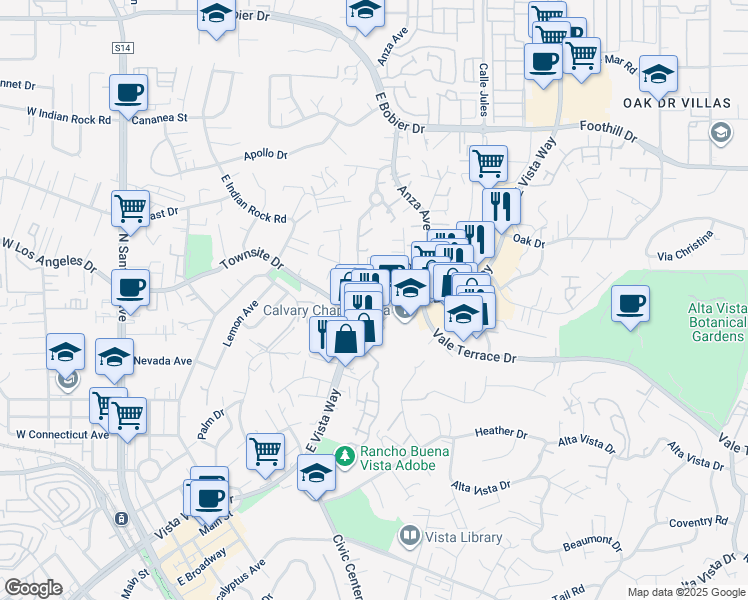 map of restaurants, bars, coffee shops, grocery stores, and more near 820 Frances Drive in Vista