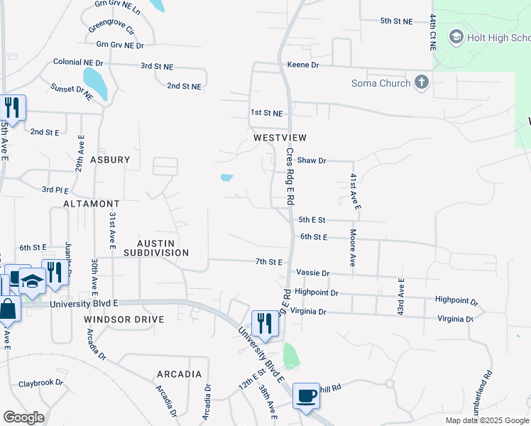 map of restaurants, bars, coffee shops, grocery stores, and more near 1 Valley Hills Drive in Tuscaloosa