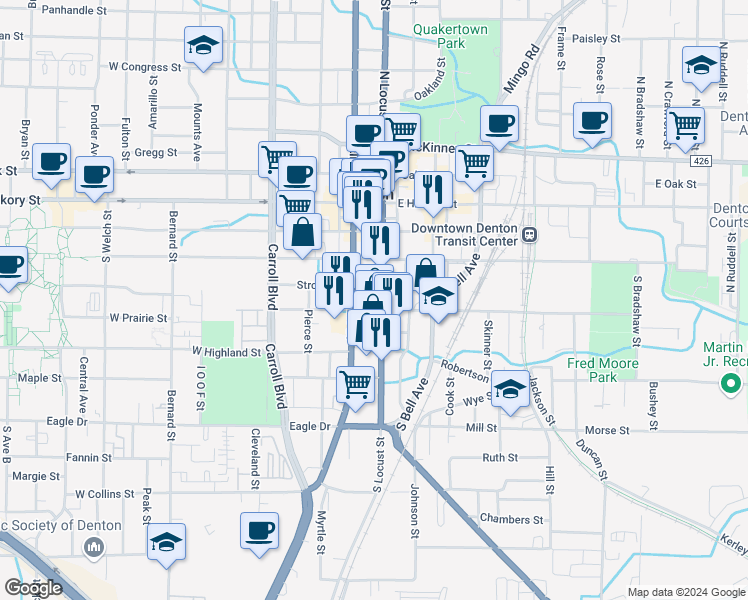map of restaurants, bars, coffee shops, grocery stores, and more near 426 South Locust Street in Denton