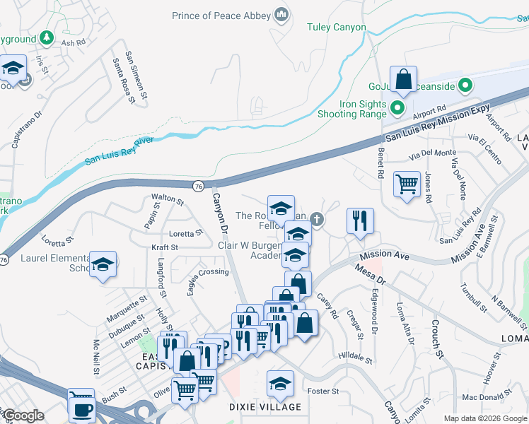 map of restaurants, bars, coffee shops, grocery stores, and more near 2085 Poplar Road in Oceanside