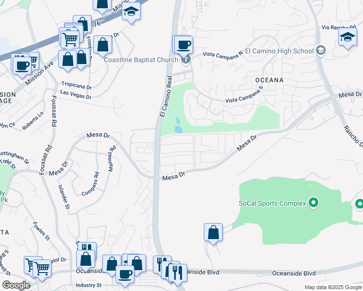 map of restaurants, bars, coffee shops, grocery stores, and more near 3567 Buffum Drive in Oceanside