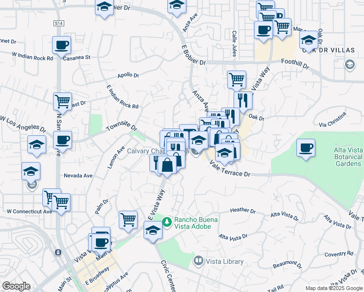 map of restaurants, bars, coffee shops, grocery stores, and more near 820 Frances Drive in Vista