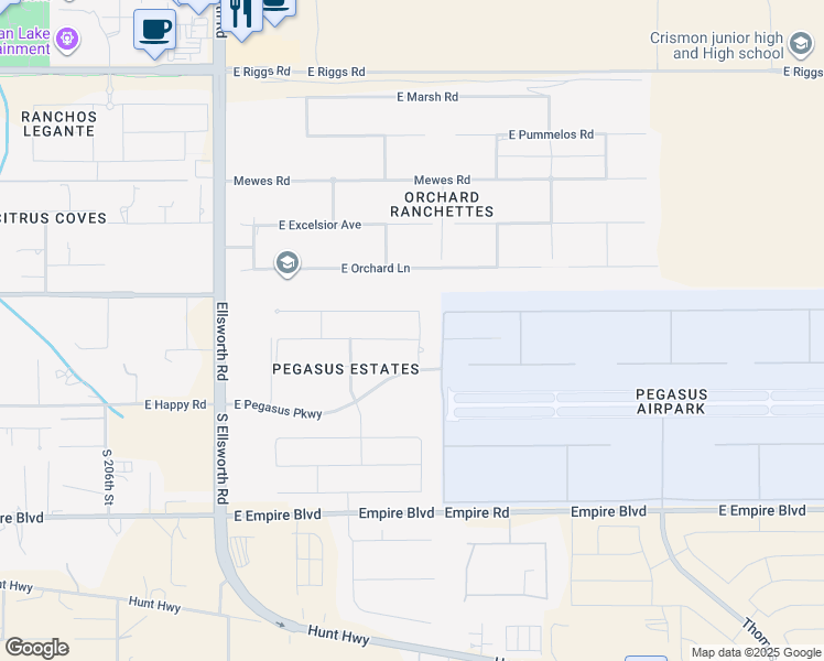 map of restaurants, bars, coffee shops, grocery stores, and more near 21145 East Aquarius Way in Queen Creek