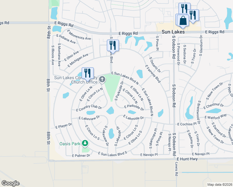 map of restaurants, bars, coffee shops, grocery stores, and more near 25832 South Parkside Drive in Sun Lakes