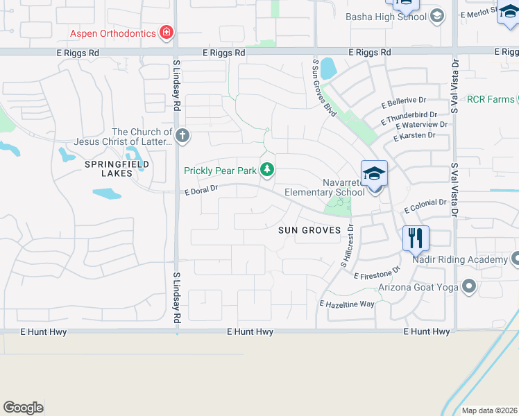 map of restaurants, bars, coffee shops, grocery stores, and more near 4221 East Winged Foot Place in Chandler