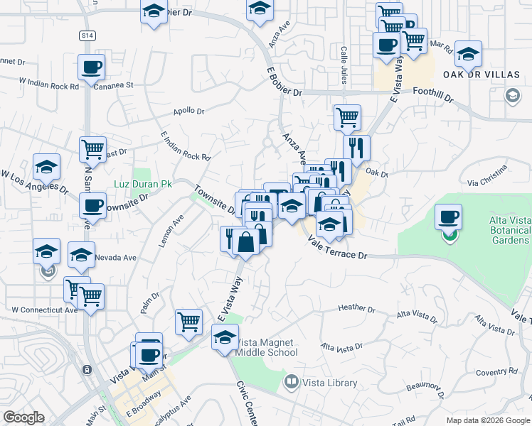 map of restaurants, bars, coffee shops, grocery stores, and more near 866 Newport Drive in Vista