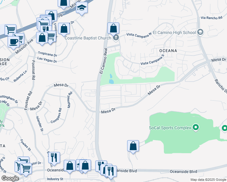map of restaurants, bars, coffee shops, grocery stores, and more near 3567 Buffum Drive in Oceanside
