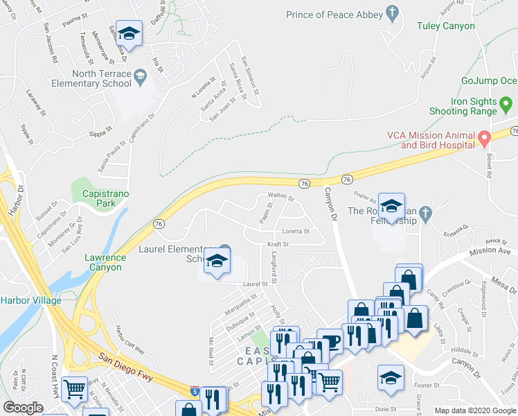 map of restaurants, bars, coffee shops, grocery stores, and more near 1606 Walton Street in Oceanside