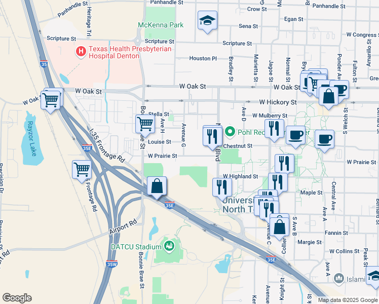 map of restaurants, bars, coffee shops, grocery stores, and more near 317 Avenue G in Denton