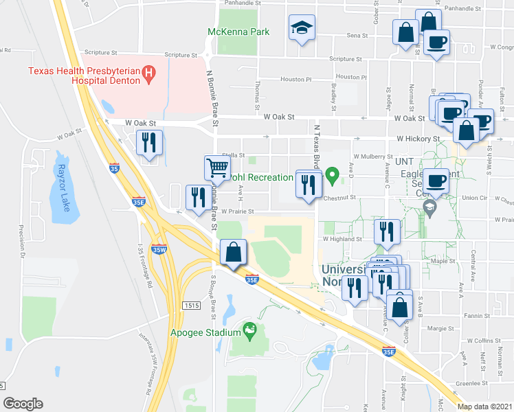 map of restaurants, bars, coffee shops, grocery stores, and more near 2425 Louise Street in Denton