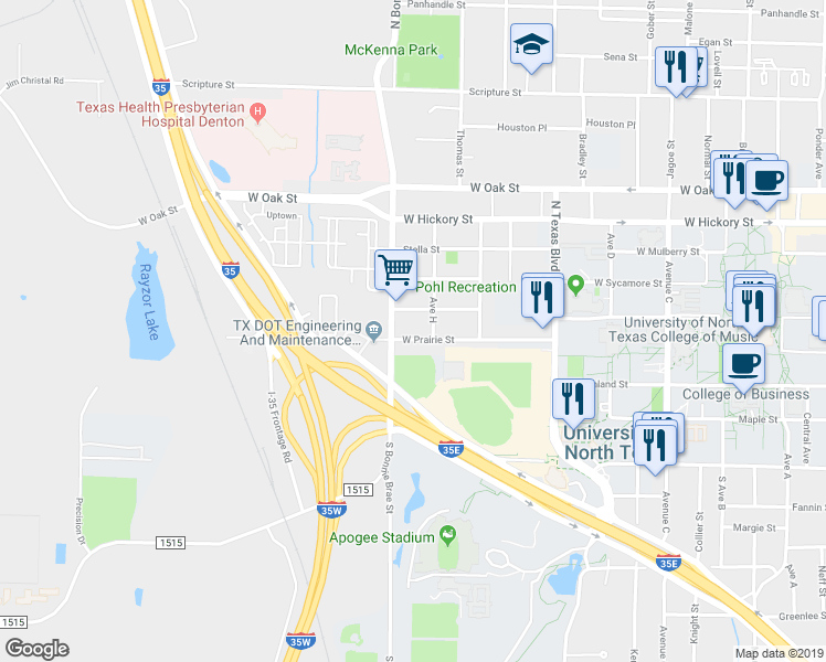 map of restaurants, bars, coffee shops, grocery stores, and more near 2516 Louise Street in Denton