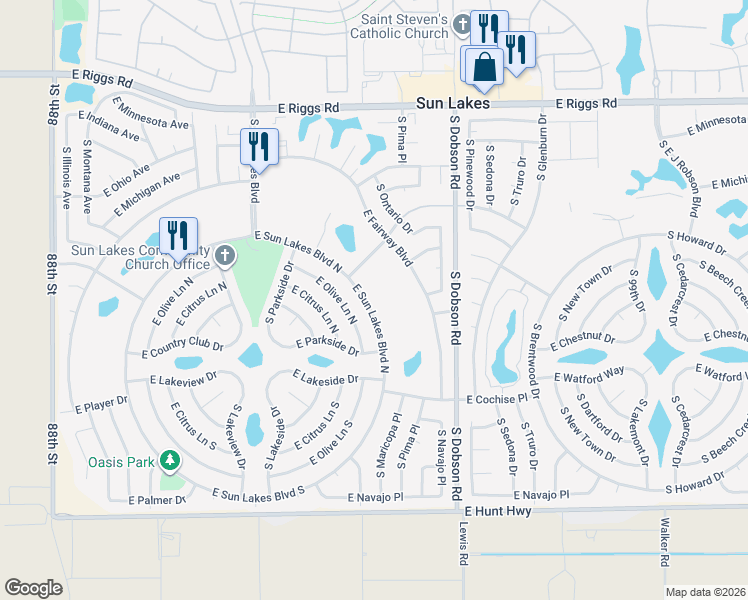map of restaurants, bars, coffee shops, grocery stores, and more near 9462 East Sun Lakes Boulevard North in Sun Lakes