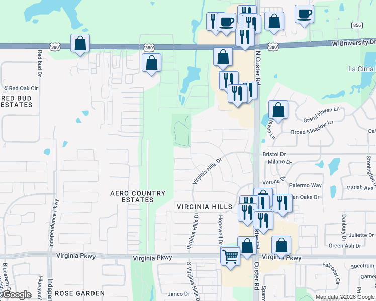 map of restaurants, bars, coffee shops, grocery stores, and more near 9401 York Place in McKinney
