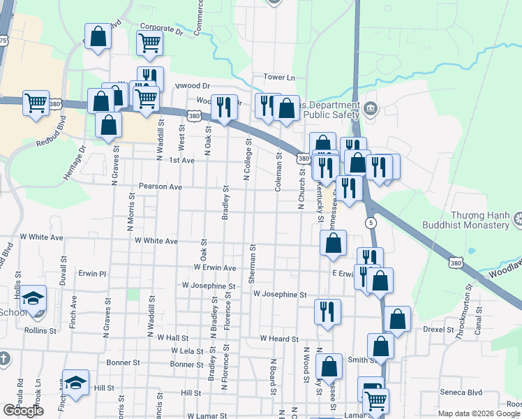 map of restaurants, bars, coffee shops, grocery stores, and more near 508 West Leland Avenue in McKinney