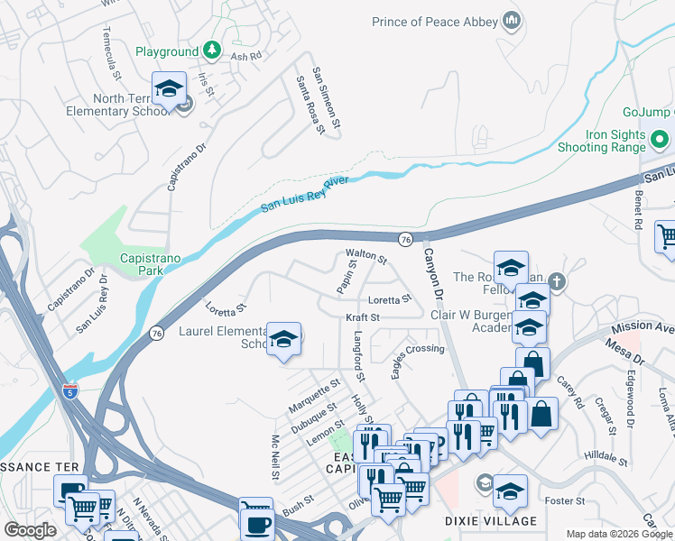 map of restaurants, bars, coffee shops, grocery stores, and more near 1606 Walton Street in Oceanside