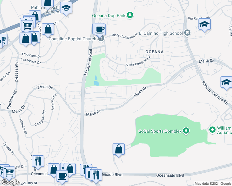 map of restaurants, bars, coffee shops, grocery stores, and more near 3656 Kieffer Street in Oceanside