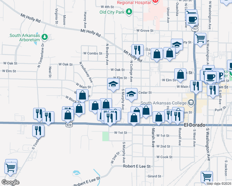 map of restaurants, bars, coffee shops, grocery stores, and more near 1101 West Cedar Street in El Dorado