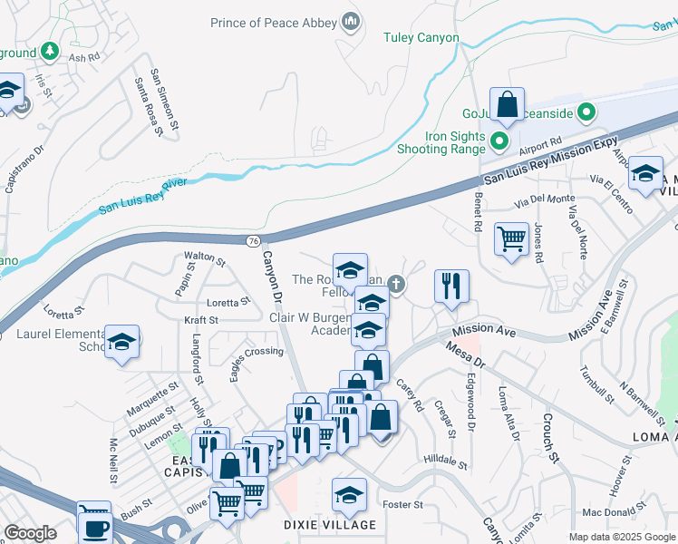 map of restaurants, bars, coffee shops, grocery stores, and more near Poplar Road in Oceanside