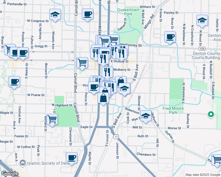 map of restaurants, bars, coffee shops, grocery stores, and more near 417 South Locust Street in Denton