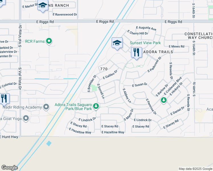 map of restaurants, bars, coffee shops, grocery stores, and more near 2175 East Everglade Lane in Gilbert