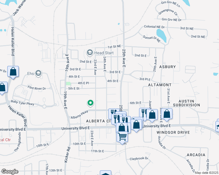 map of restaurants, bars, coffee shops, grocery stores, and more near 2406 5th Street East in Tuscaloosa