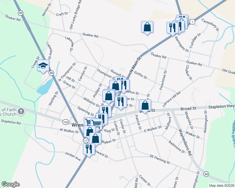 map of restaurants, bars, coffee shops, grocery stores, and more near 420 North Main Street in Wrens
