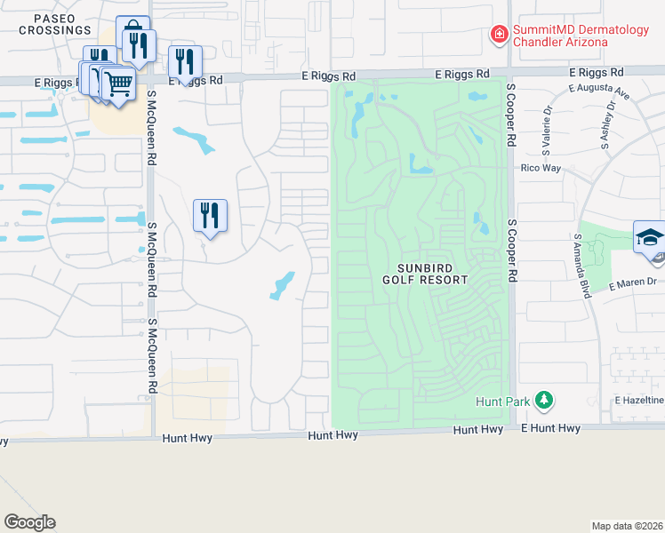 map of restaurants, bars, coffee shops, grocery stores, and more near 1520 East Desert Inn Drive in Chandler