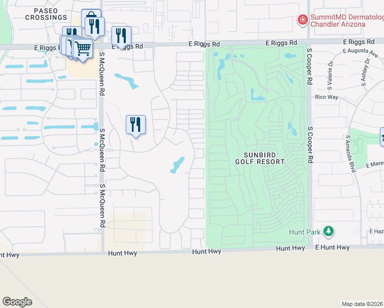map of restaurants, bars, coffee shops, grocery stores, and more near 1451 East Doral Drive in Chandler