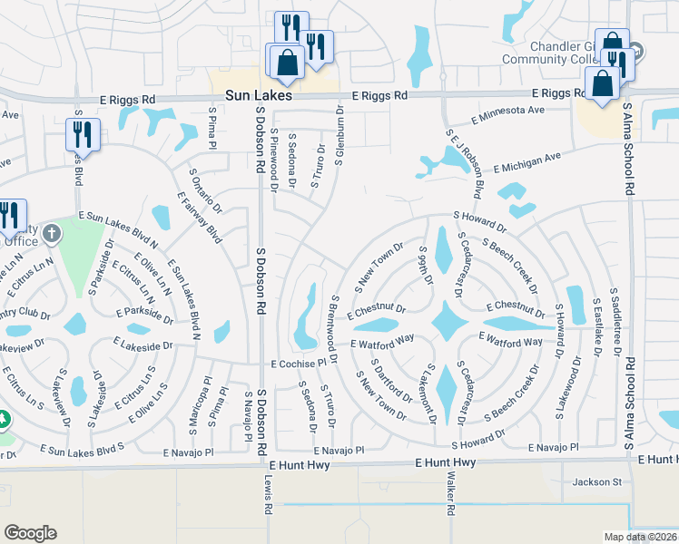 map of restaurants, bars, coffee shops, grocery stores, and more near 25837 South Brentwood Drive in Sun Lakes