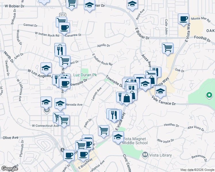 map of restaurants, bars, coffee shops, grocery stores, and more near 921 Lemon Avenue in Vista