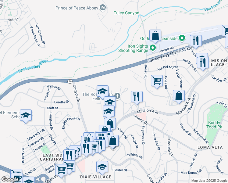 map of restaurants, bars, coffee shops, grocery stores, and more near 2222 Mission Avenue in Oceanside