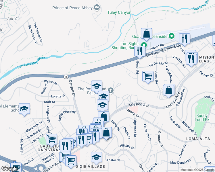 map of restaurants, bars, coffee shops, grocery stores, and more near 2222 Mission Avenue in Oceanside