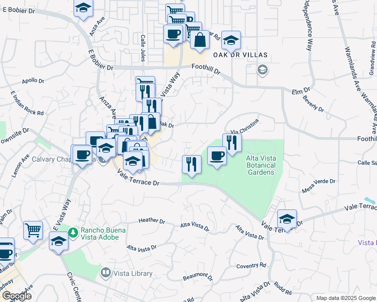 map of restaurants, bars, coffee shops, grocery stores, and more near 1110 Meadow Lake Drive in Vista