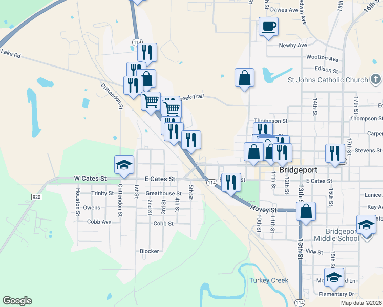 map of restaurants, bars, coffee shops, grocery stores, and more near 1304 Chico Highway in Bridgeport