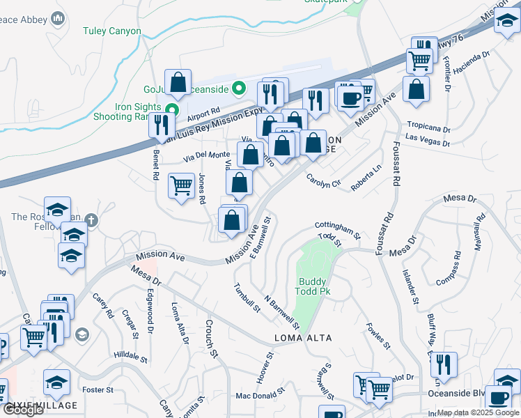 map of restaurants, bars, coffee shops, grocery stores, and more near Mission Avenue in Oceanside