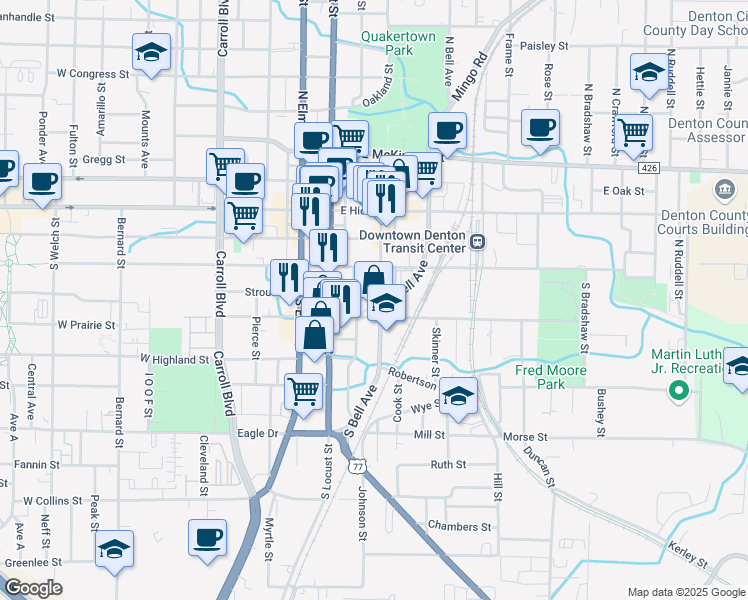 map of restaurants, bars, coffee shops, grocery stores, and more near 404 Industrial Street in Denton