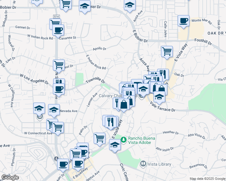 map of restaurants, bars, coffee shops, grocery stores, and more near 615 Townsite Drive in Vista