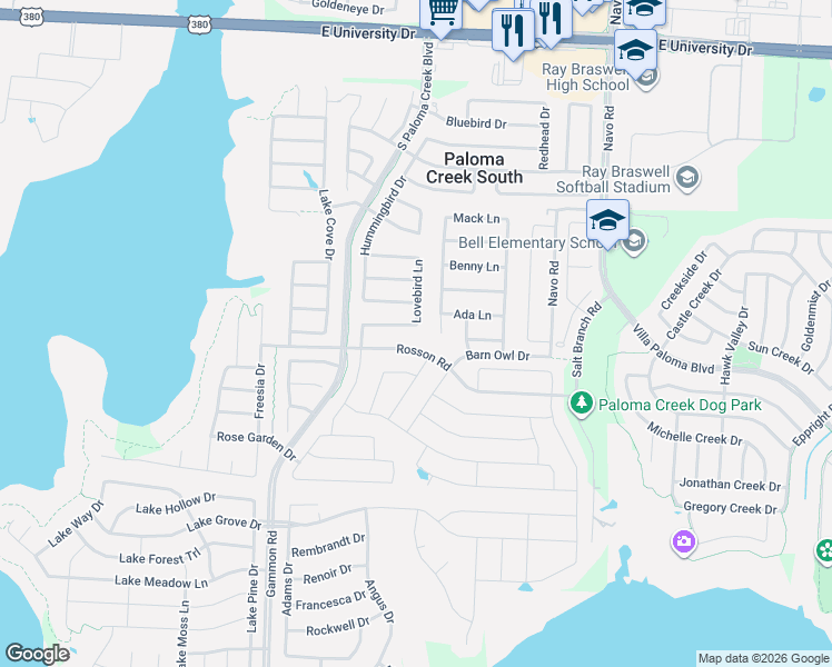map of restaurants, bars, coffee shops, grocery stores, and more near 921 Lovebird Lane in Little Elm
