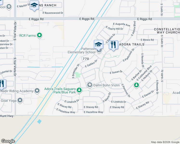 map of restaurants, bars, coffee shops, grocery stores, and more near 2191 East Everglade Lane in Gilbert