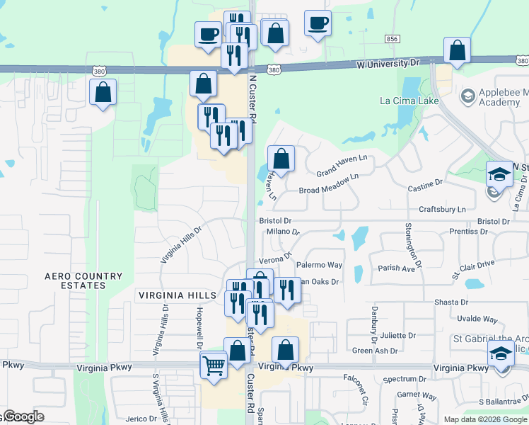 map of restaurants, bars, coffee shops, grocery stores, and more near 8915 Priest Meadow Court in McKinney