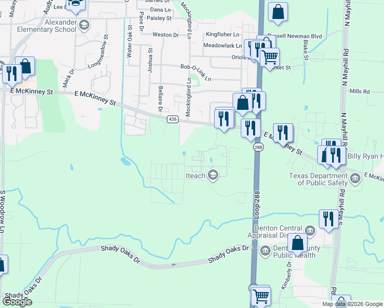 map of restaurants, bars, coffee shops, grocery stores, and more near 3500 East McKinney Street in Denton