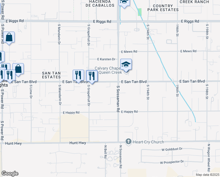 map of restaurants, bars, coffee shops, grocery stores, and more near 19125 East pegasus Parkway in Queen Creek