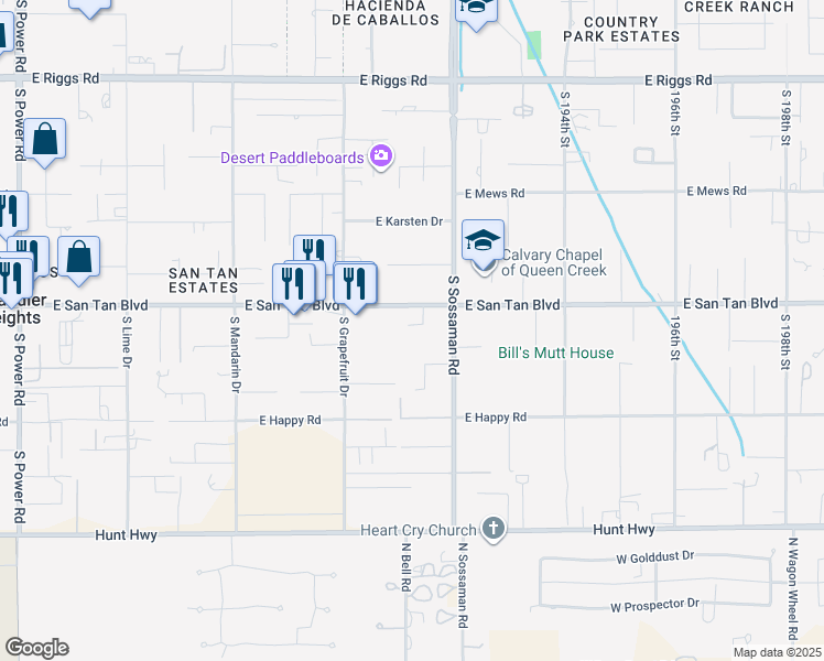 map of restaurants, bars, coffee shops, grocery stores, and more near 19125 East pegasus Parkway in Queen Creek
