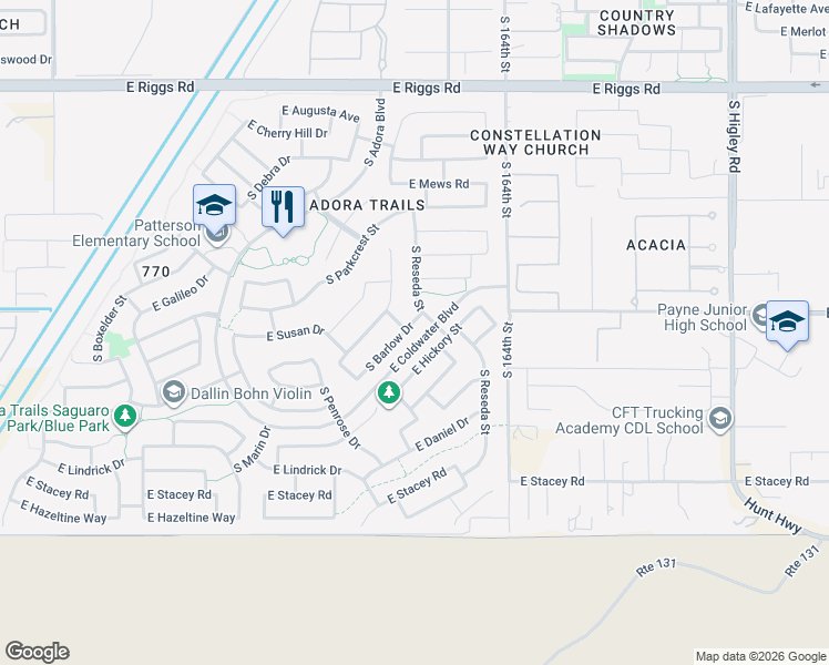 map of restaurants, bars, coffee shops, grocery stores, and more near 7638 South Barlow Drive in Gilbert