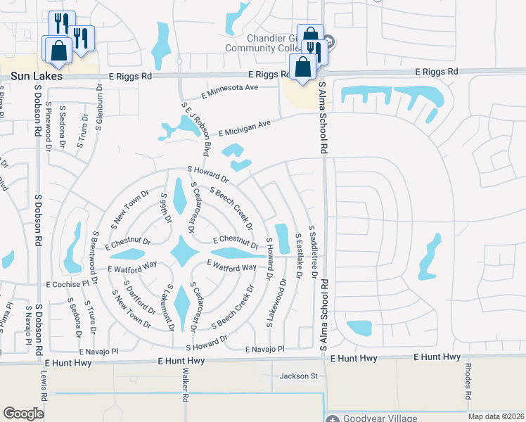 map of restaurants, bars, coffee shops, grocery stores, and more near 25829 South Howard Drive in Sun Lakes
