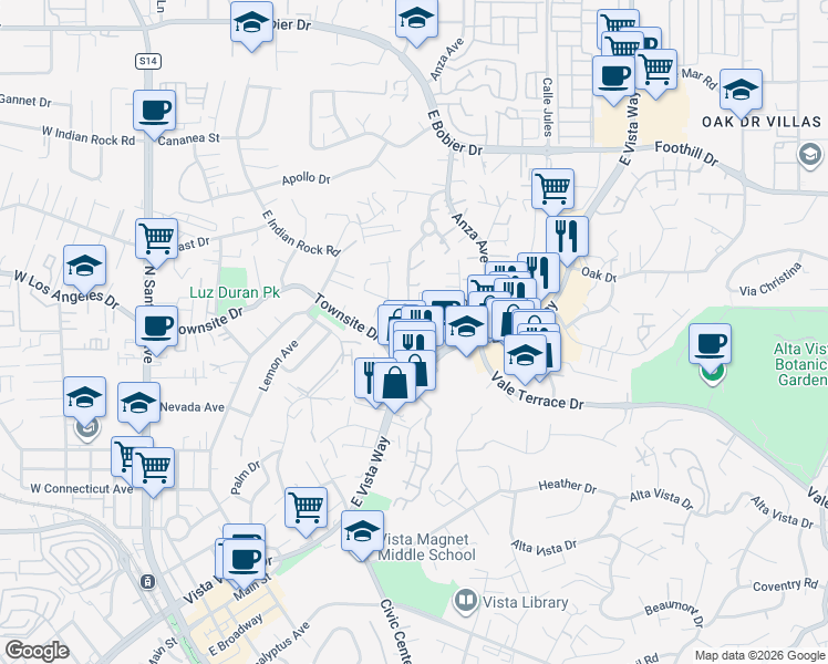 map of restaurants, bars, coffee shops, grocery stores, and more near 866 Newport Drive in Vista
