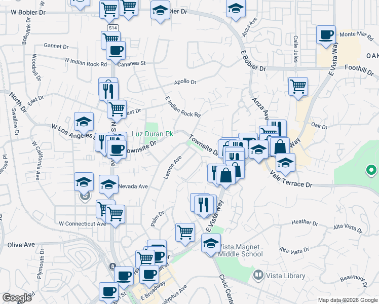 map of restaurants, bars, coffee shops, grocery stores, and more near 921 Lemon Avenue in Vista