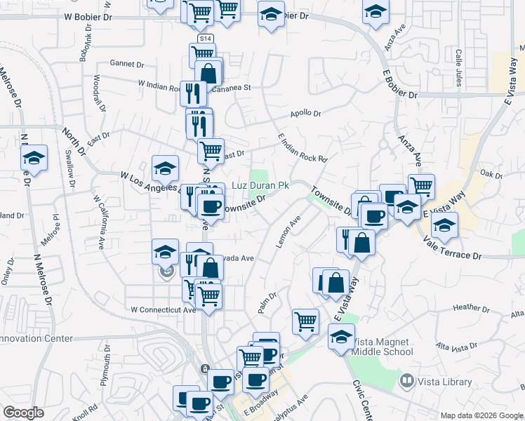 map of restaurants, bars, coffee shops, grocery stores, and more near 309 Townsite Drive in Vista